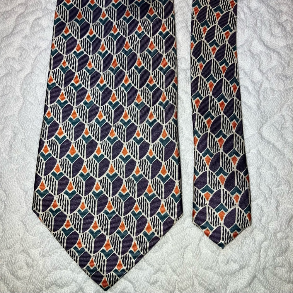 Vintage Eaton silk tie, geometric pattern in purple, orange & teal green